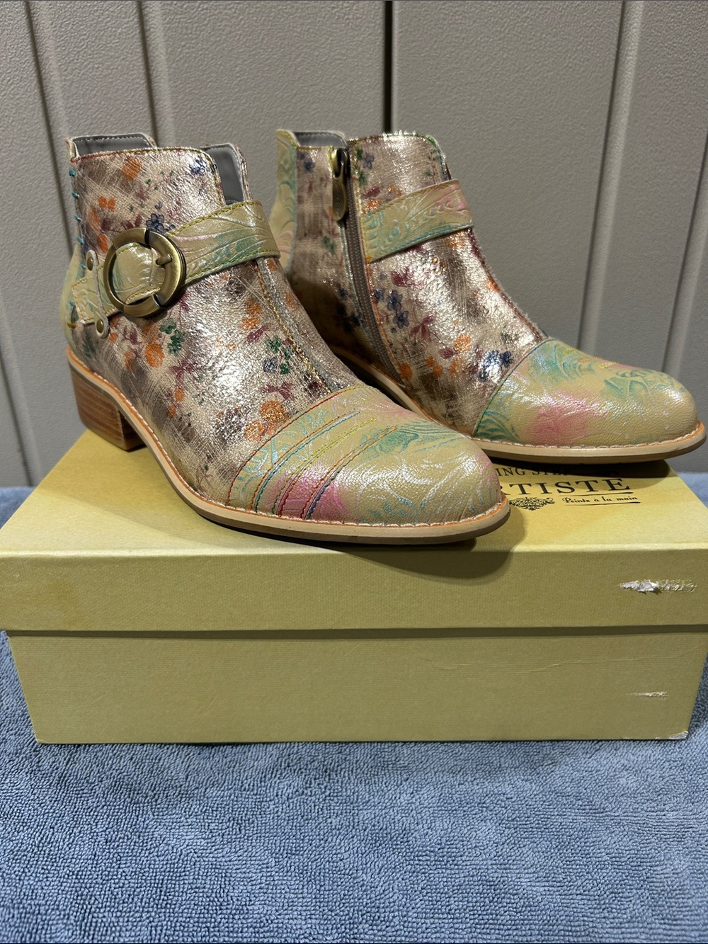 Floral Metallic Multicolor Ankle Booties with Buckle Strap